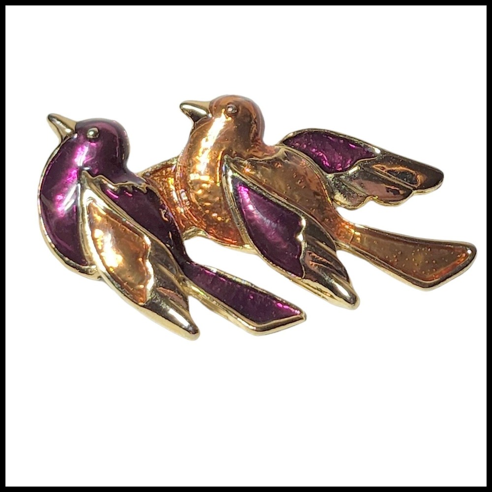 Vintage Love Birds Red Brown Enamel Gold Tone Brooch Pin